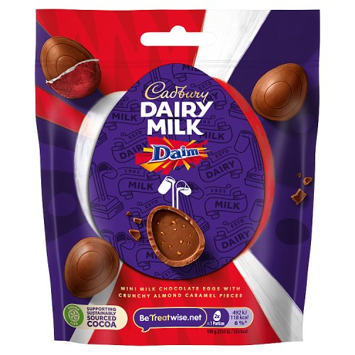 CADBURY DAIRY MILK MINI DAIM EGGS BAG CLIPSTRIP 24 X 77G